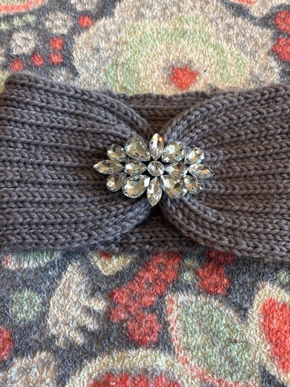 Gray Knitted Headband with Crystal Brooch - Women Accessories